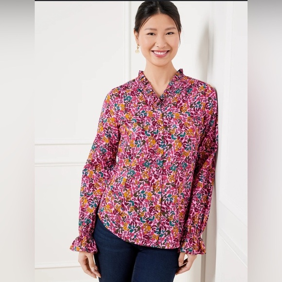 Talbots Ruffle Blouse Top Gathered Leaves in Moonlite Mauve Multi Size Medium - Picture 1 of 16